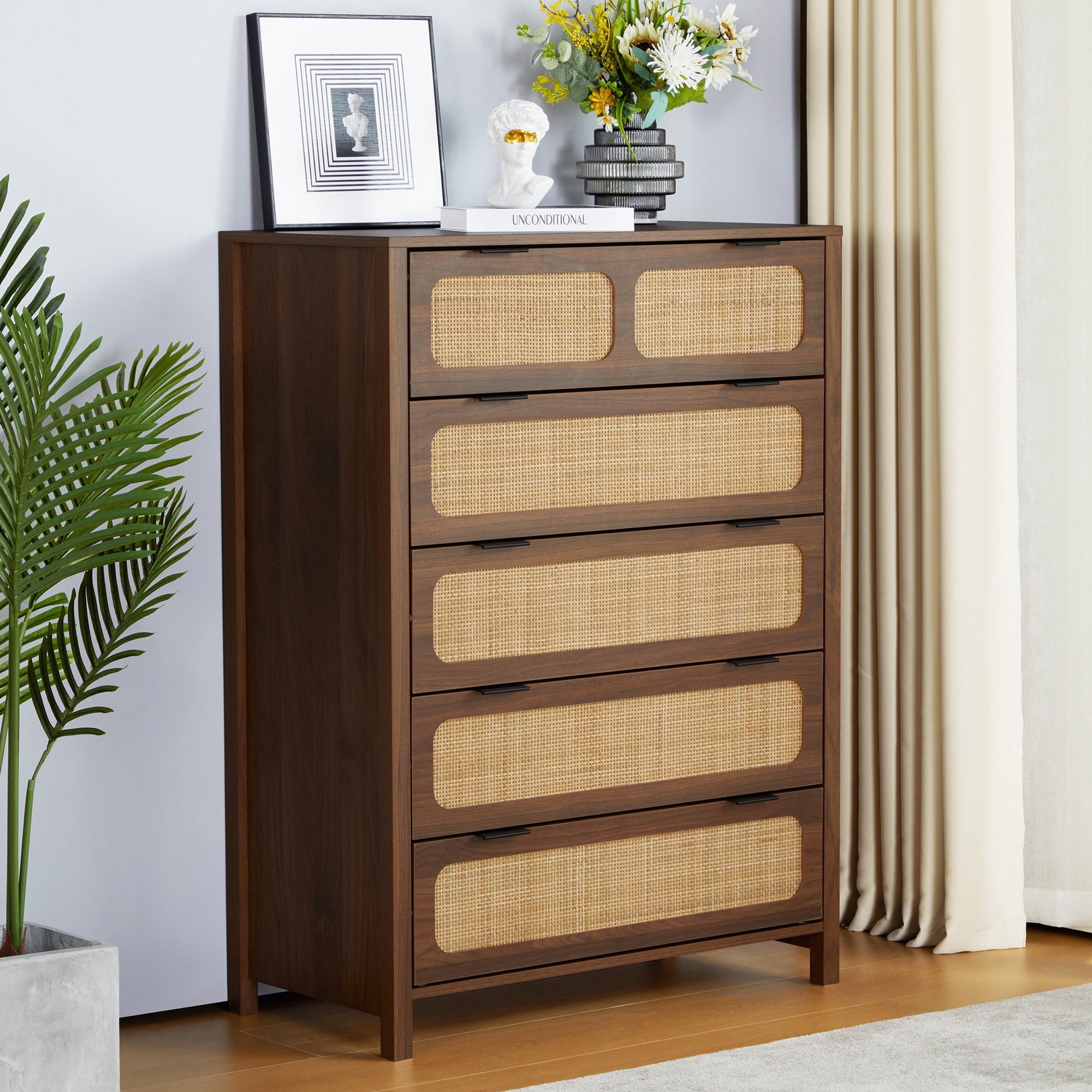 Giratree Wooden Rattan 5-Drawer Storage Cabinet Dresser Brown - Walmart.com