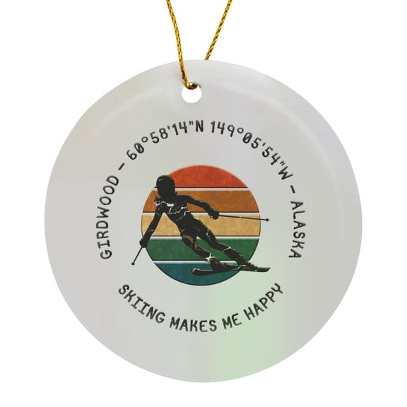 3drose, Girdwood, Alaska. Woman Skier on White. Downhill Skiing Sport Gift, Circle Porcelain Ornament