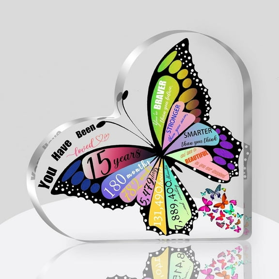Girl 15th Gift for Birthday, 15 Year Old Birthday Acrylic Heart Keepsake, 15th Birthday Anniversary Decorations for Girls, Butterfly Table Decor, Best 15 Year Old Gift for Birthdays,4x4 inch