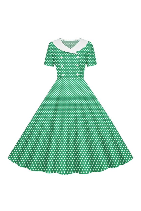 Girl 1950s Midi Dresses Double-Breasted Lapel 50s Vintage Short Sleeve Cocktail Polka Dot Rockabilly Dress Prom Gown 5-14Y