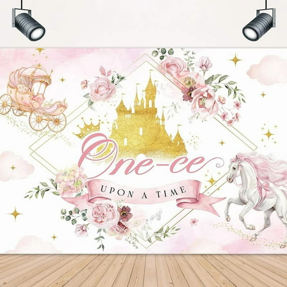 Girl 1st Beautiful Happy Birthday Backdrop Pink Floral Castle Horse Gold Carriage Princess Birthday Photography Background Decorations Photo Booth Studio Prop Fabric