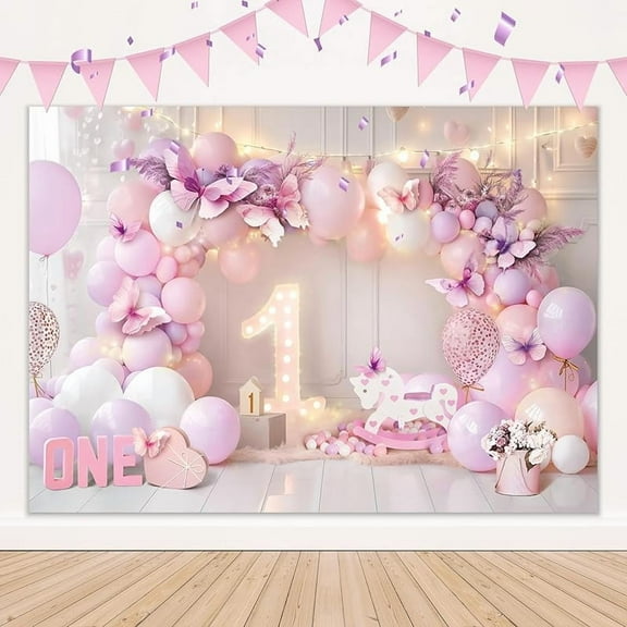 Girl 1st Birthday Beautiful Backdrop Purple Pink Princess Balloons Lights Butterfly First Birthday Photography Background Birthday Party Decorations Photo Booth Studio Prop Fabric