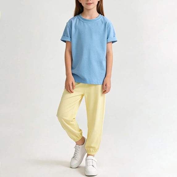 Girl 2-Piece Solid Color Round Neck Short Sleeved Top, Elastic Pants, Casual Fashion Set Sizes 1-12