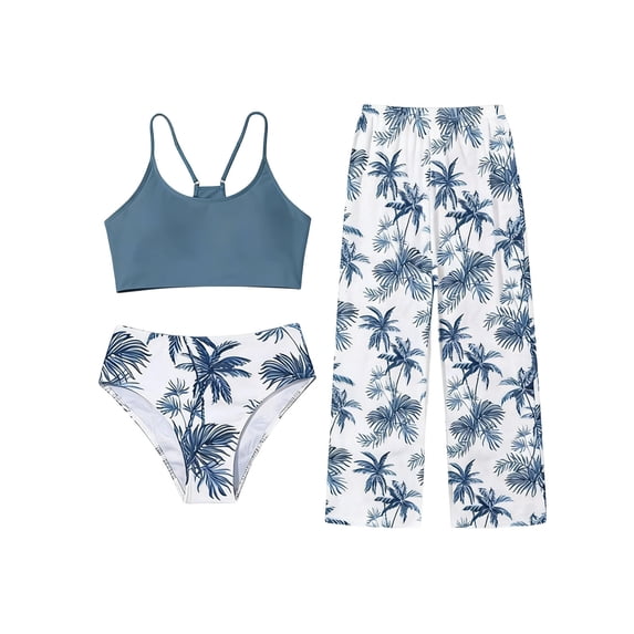 Girl 3 Piece Swimsuit with Cover up Pants Girl Swim Top Size 7 Tropical Print Bathing Suit Adjustable Straps High Waist Swimwear, Size 14-15 Years,Sky Blue
