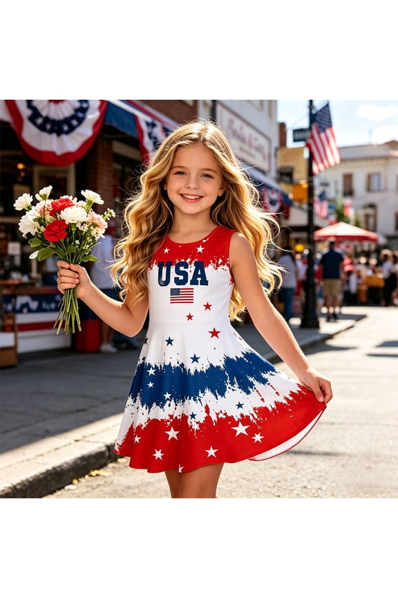 Girl 4th of July Dresses Sleeveless American Flag Dress Girls Summer Printed Sundress Independence Day Outfit for Casual Home Party Beach(Red2,13-14 Years)