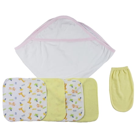 Bambini Layette Pink Hooded Towel, Washcloths and Hand Washcloth Mitt - 6 pc Set