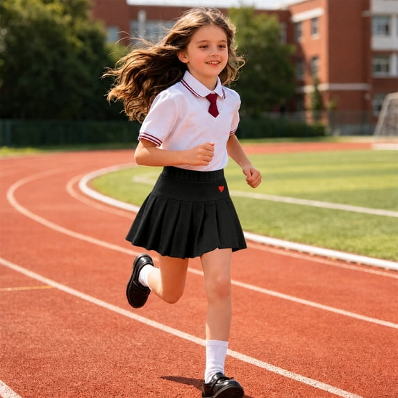Girl A Line Pleated Uniform Skirt Solid High Waist Heart Symbol Summer Comfy Back To School Clothes
