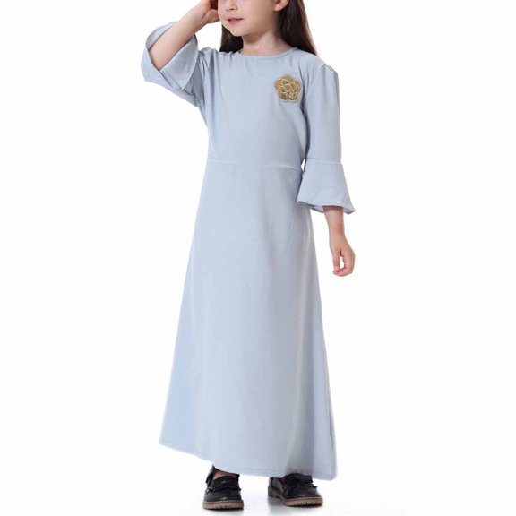 Girl Abaya Dress Long Sleeve Muslim Ramadan Prayer Robe Dress Floral Casual Loose Maxi Gown for Teen Girls Gray 12 Years