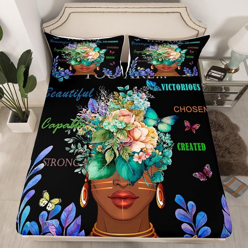 Girl African Fitted Sheet Twin Size,African Style American Inspirational Quotes Bedding Set Kids Girls Women Room Decor Watercolor Flowers Butterfly Bed Sheet Black Fashion Deep Pocket Sheet 3Pcs