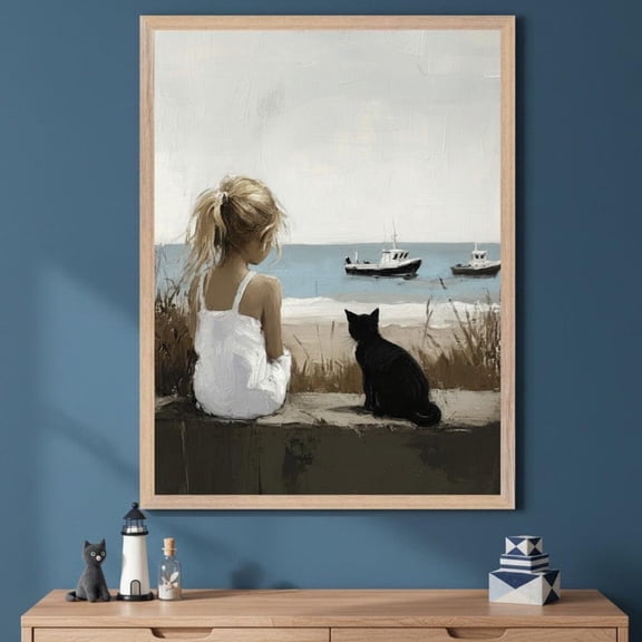 Girl And Black Cat Beach Scene Coastal Wall Art
