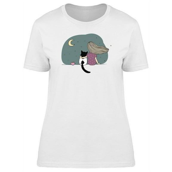 Girl And Black Cat On The Roof  T-Shirt Women -Image by Shutterstock, Female Small