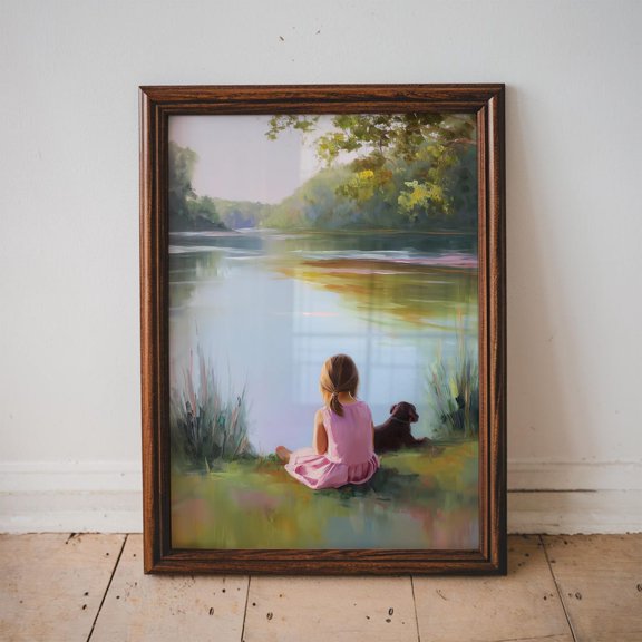 Girl And Dog Wall Art Poster, Lakehouse Summer Decor, Girls Room Poster, Dog Lover, Aesthetic Decor,, Unframed Poster Size 8x12