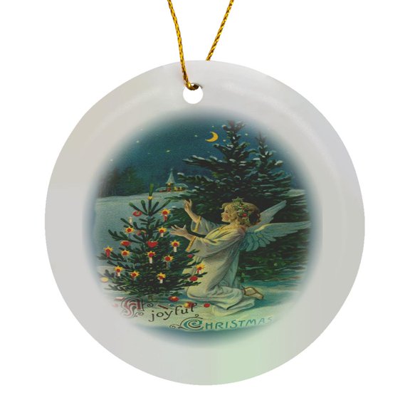 3drose, Girl Angel Decorating a Small Outside Tree for Christmas, Circle Porcelain Ornament
