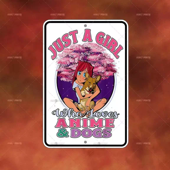 Girl Anime Dogs Metal Sign Funny Novelty Home Room Wall Art Gift Decor A2060