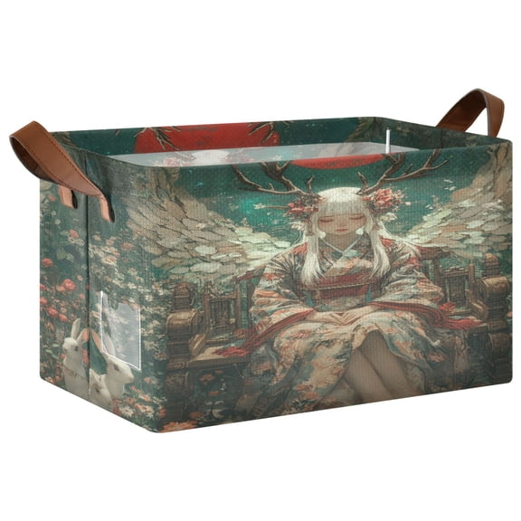 Girl with Antlers and White Wings Storage Basket Soccer Plaid Fabric Hoard Box Oversized Collapsible Closet Organizer with Metal Iron Frame 16.911.410in
