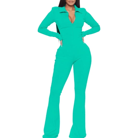 Girl Autumn Ladies Office Rompers Flare Pants Zipper Long Sleeve Turndown Collar Plus Size Jumpsuit