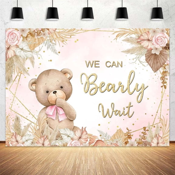 Pink Floral Bear Backdrop 9x6 FT - Girls Birthday Decor, Baby Shower Gender Reveal Party Photo Background Banner