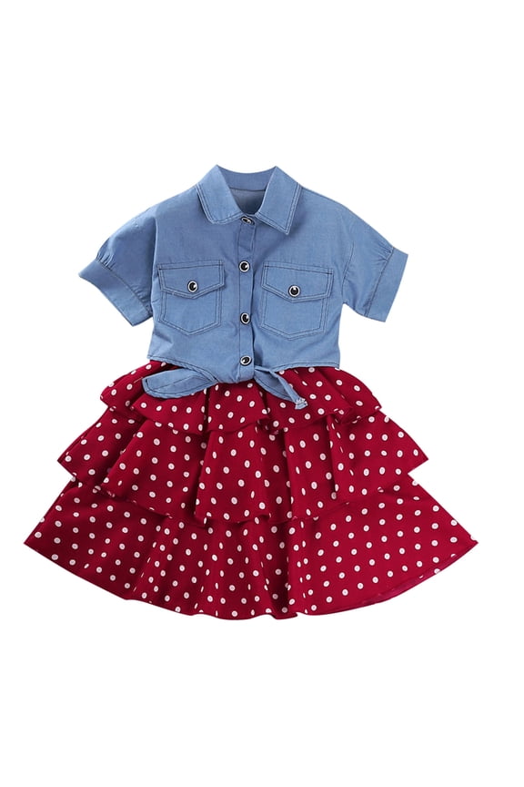 Girl Baby Clothes 6-9 Months Newborn Girl Gifts, Children's Summer Solid Color Short Sleeved Denim Jacket and Polka Camisole Skirt Sets for Kids