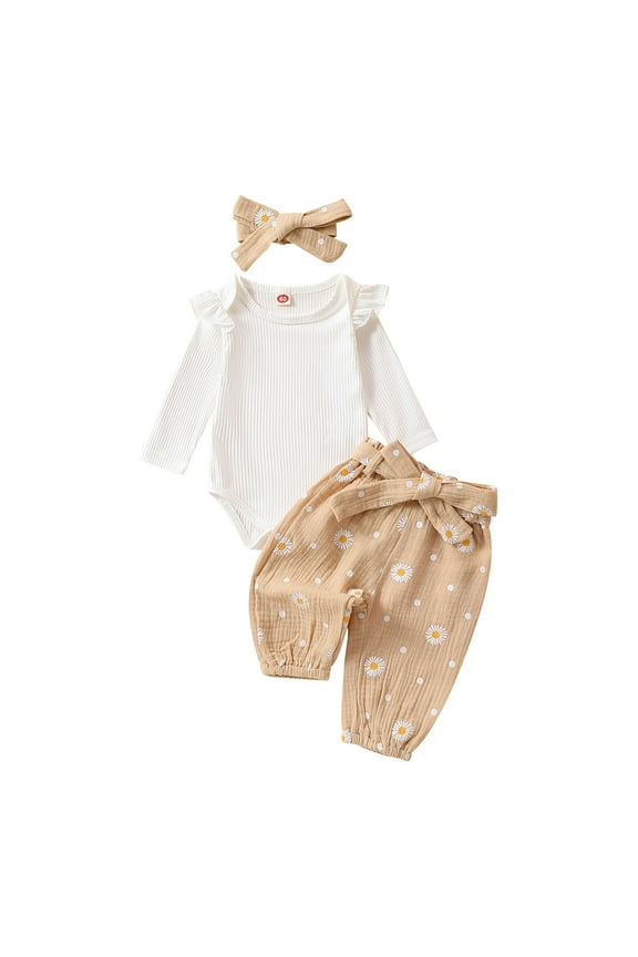 Girl Baby Clothes Girl Clothes Baby Girl Clothes Long Sleeve Ruffle Romper Floral Pants Outfit Set Beige 3-6 Months