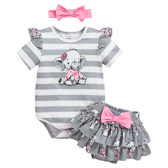 Girl Baby Set Skirt Cartoon Elephant Stripe Short Sleeve Ha Yi Butterfly Bow Skirt Headscarf Three Piece Set