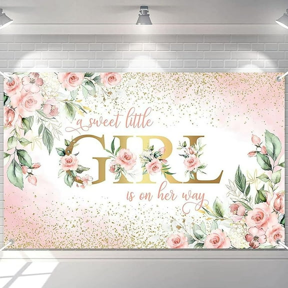 Girl Baby Shower Backdrop Pink Floral Sweet Baby Baby Shower Banner A Sweet Little Girl is on Her Way Party Decorations Banner 70.8 x 43.3 Inch