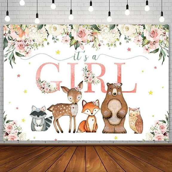 It's a Girl Baby Shower Backdrop Woodland Wild Animals Oh Baby Party Decorations Supplies Safari Sweet Deer Blush Pink Floral Photography Background Banner Photo Booth Studio Props