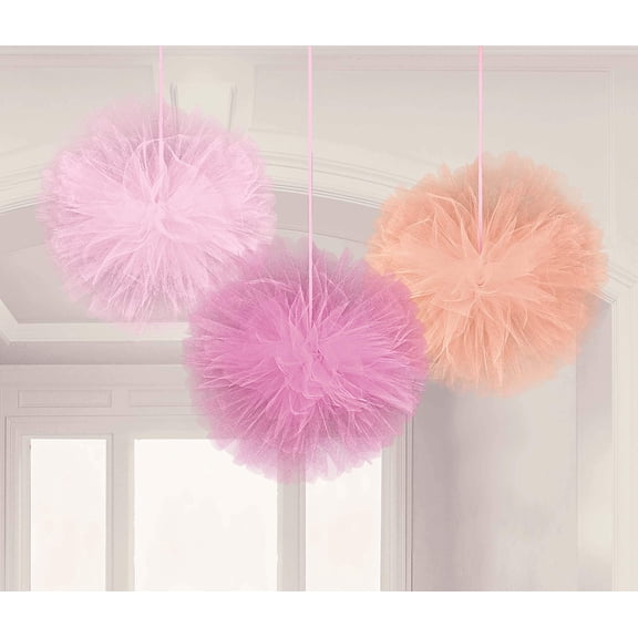 Girl Baby Shower, Tulle Fluffy Pom-poms Decoration, 3 Ct, 12"