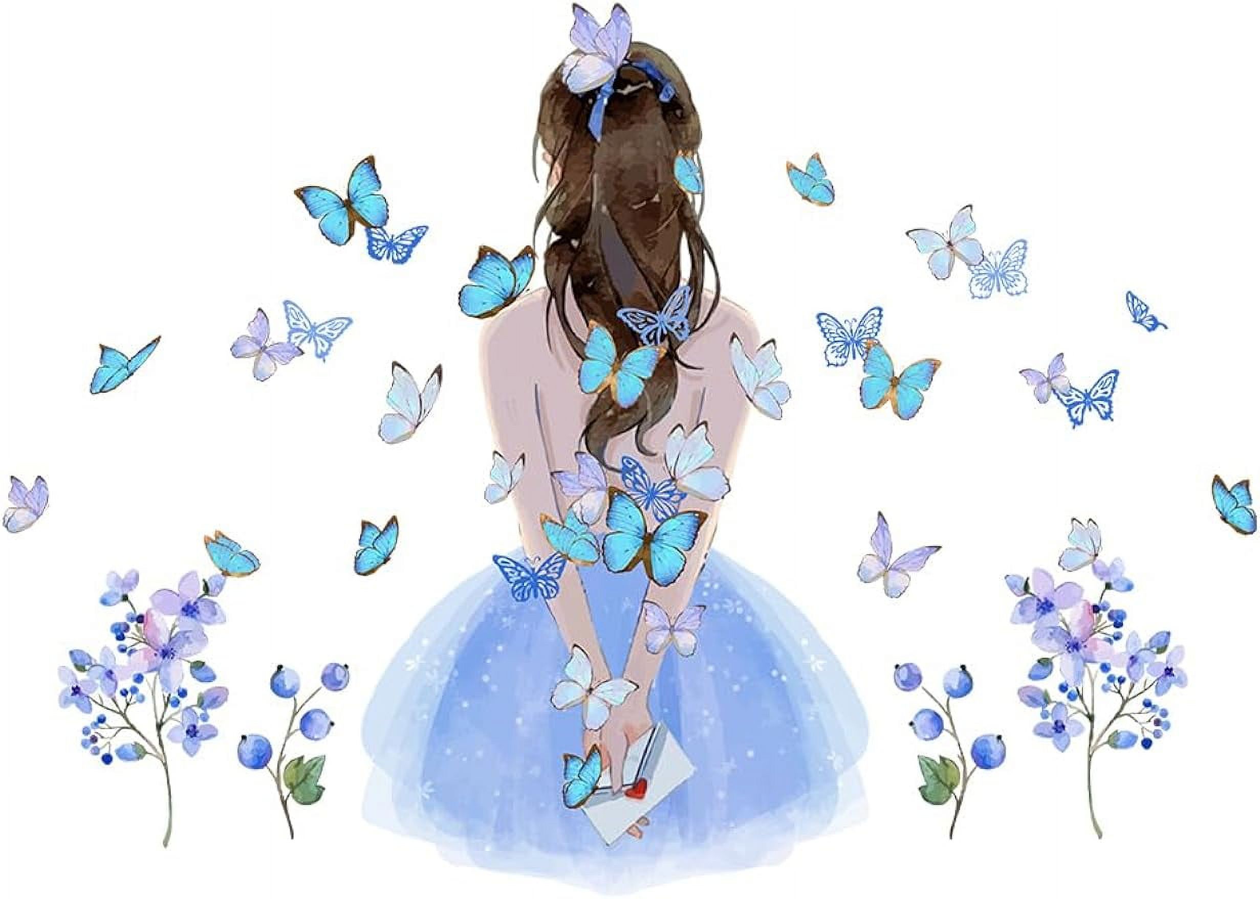 Girl Back View Wall Decor Butterflies Wall Stickers with Blue Flowers ...