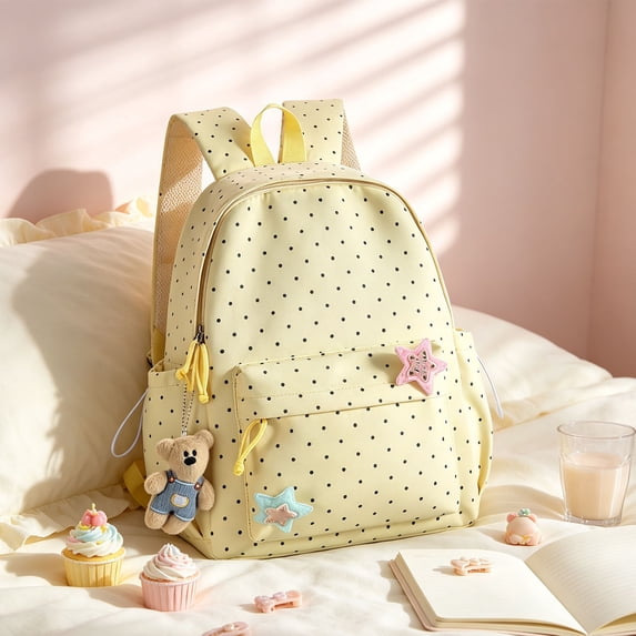 Girl Backpack Polka Dot Star Backpack Large Capacity Student School Daypack with Charm Yellow One Size