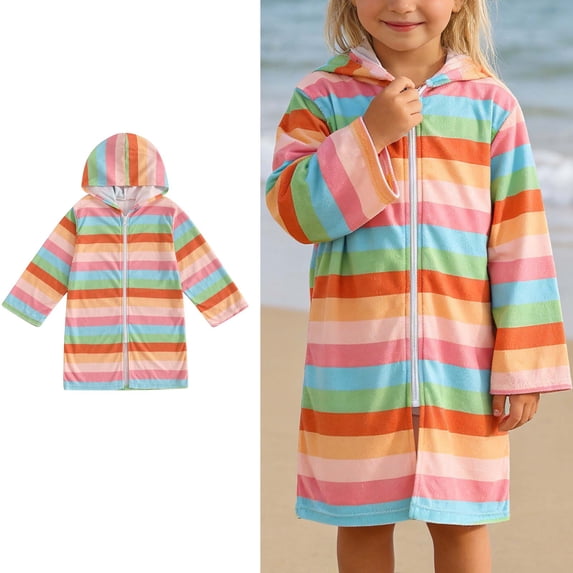 Girl Bathing Suit Cover Up Zip Up Hooded Striped Terry Cloth Beach Cover Up Girls Towel Dress Girls Cover Ups 7-8 Years