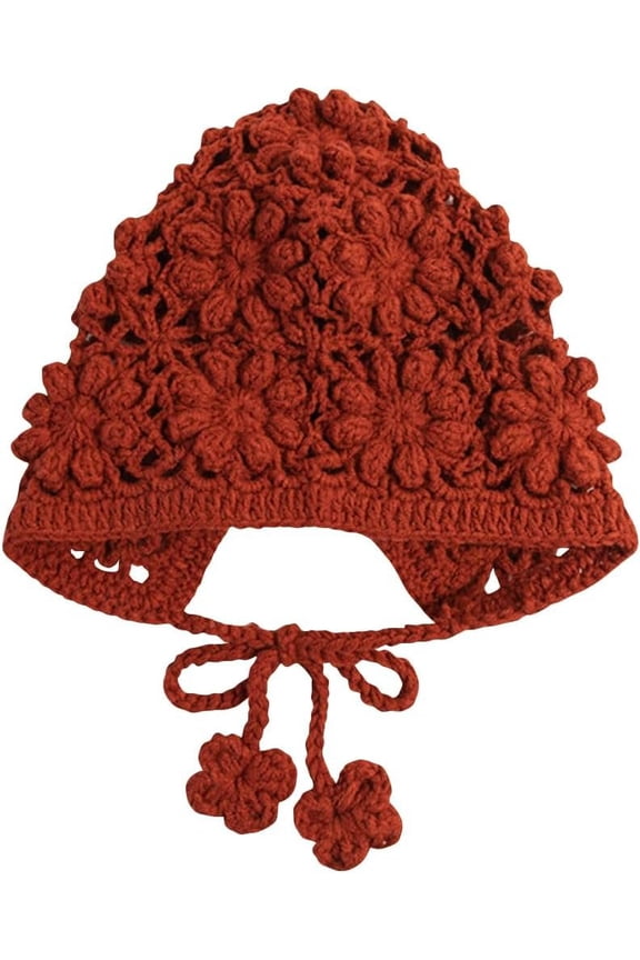 Girl Beanie Hollow Crochet Flower Earflap Knit Hats Bonnets with Strap