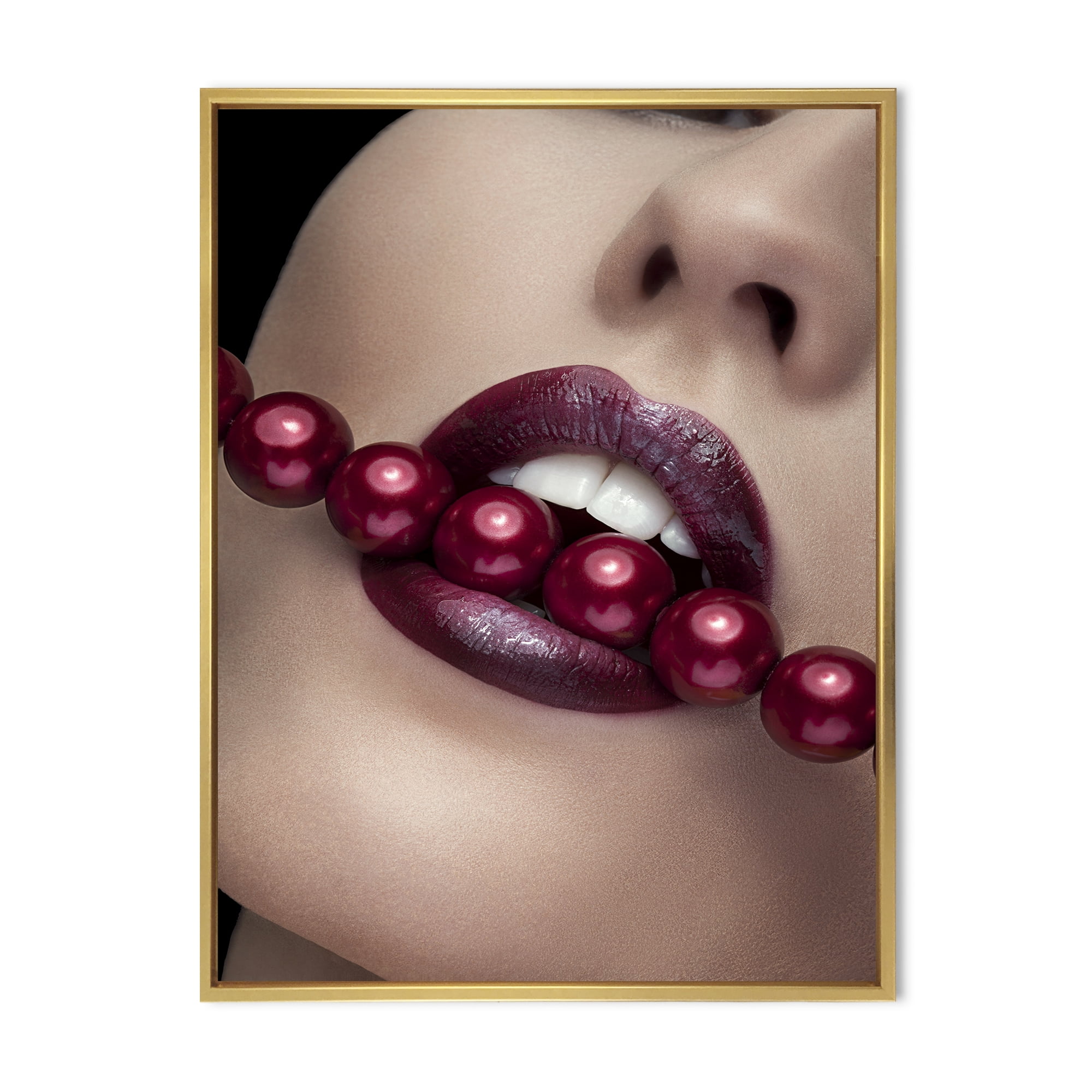 Girl Bitting With Red Lips With Red Pearls 16 in x 32 in Framed Photography Canvas Art Print, by Designart