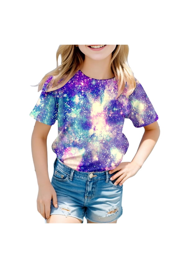Girl Blouses Casual Galaxy 3D Galaxy Print Glitter Starry Sky Short Sleeve Carnival Tops Trendy