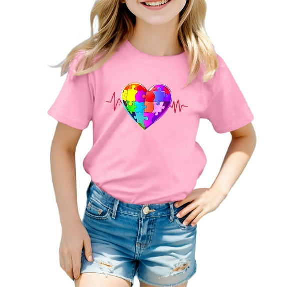 Girl Blouses Casual Leisure Comfort Care Autism Print Heart Tops Trendy