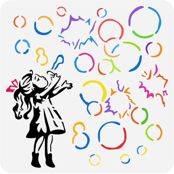 Girl Blowing Bubbles Stencil 11.8x11.8 inch Reusable Banksy Little Girl Paint Stencils Hollow Out Dream Drawing Stencil