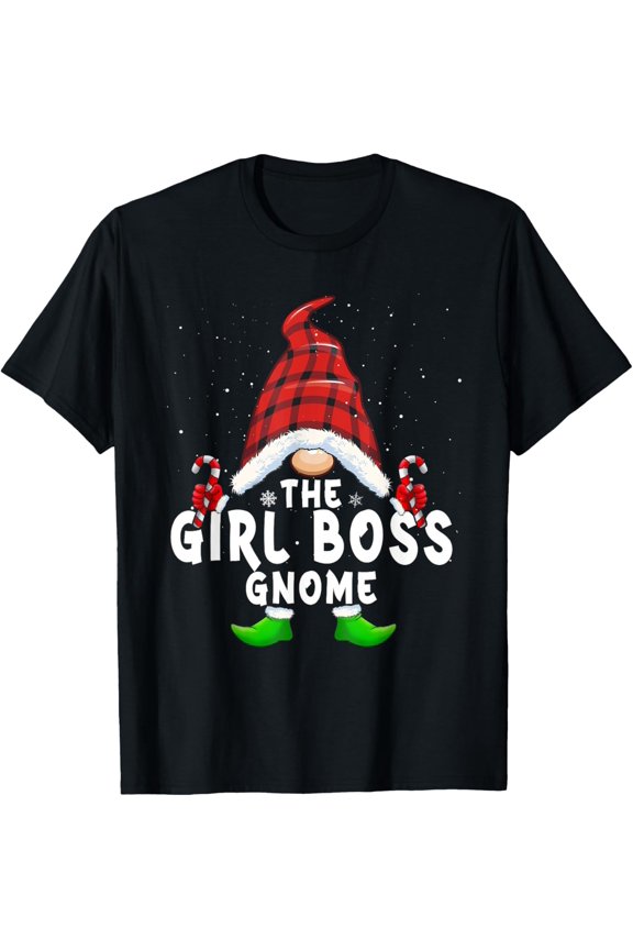Girl Boss Gnome Buffalo Plaid Christmas Family T-Shirt