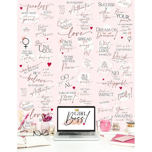 Girl Boss Peel & Stick Wallpaper – Pink Rose | Motivational DIY Wall Decor with Quotes & Affirmations for Women | Removable & Repositionable Decor for Boss Lady Office or Home