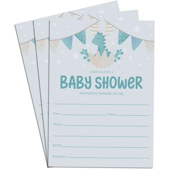 Girl, Boy Baby Dino Shower Invitations Supplies Fill-In Set of 40 Blue Invites Cards 5x7"