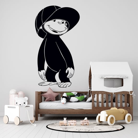 Girl Boys Kids Bedroom Removable George Wearing Baseball Cap Wall Decal | 20" x 31" Vinyl Adhesive Curious George Story Nursery Art Decor Ape Monkey Design Home Decoration Sticker