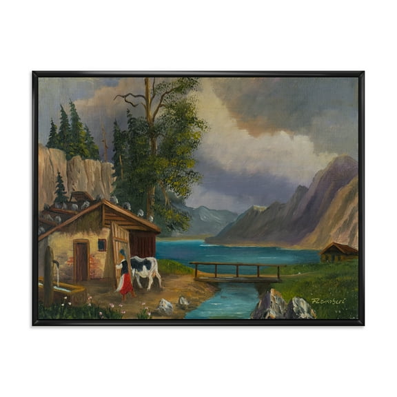 Girl Brings The Cow Into The Stable At A Lake 20 in x 12 in Framed Painting Canvas Art Print, by Designart