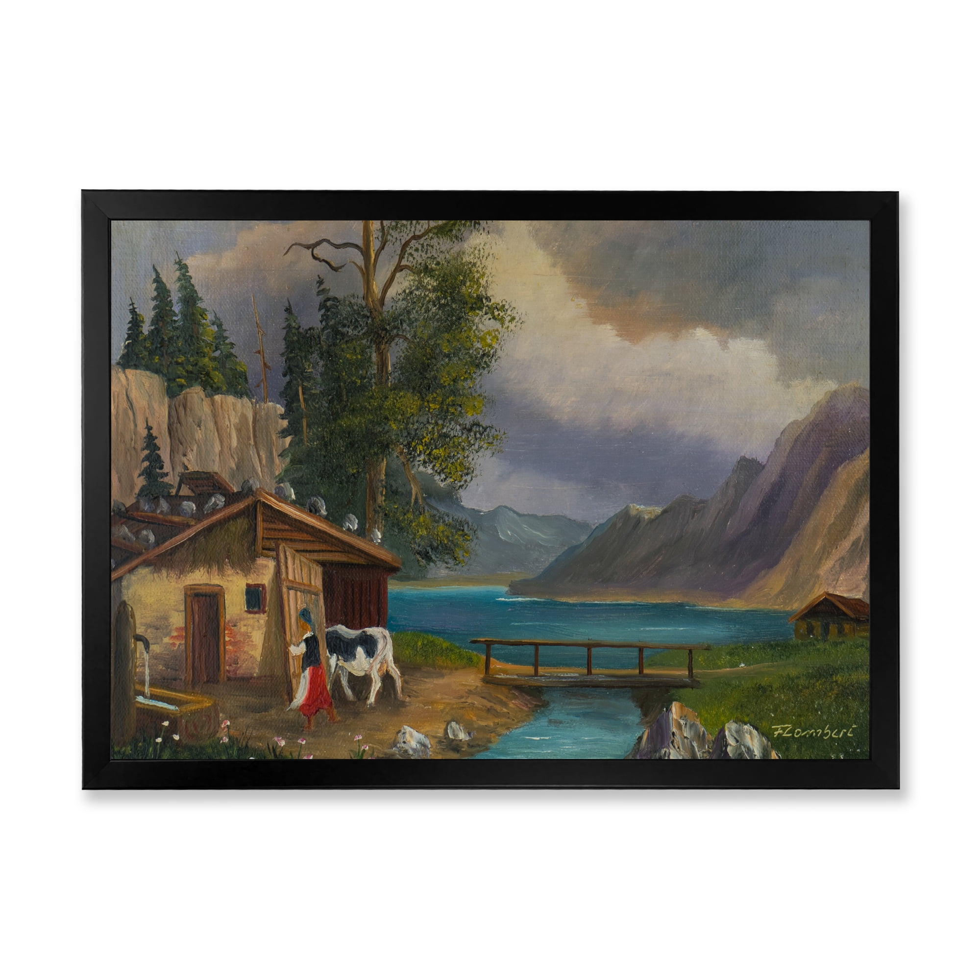 Girl Brings The Cow Into The Stable At A Lake 32 in x 16 in Framed Painting Canvas Art Print, by Designart