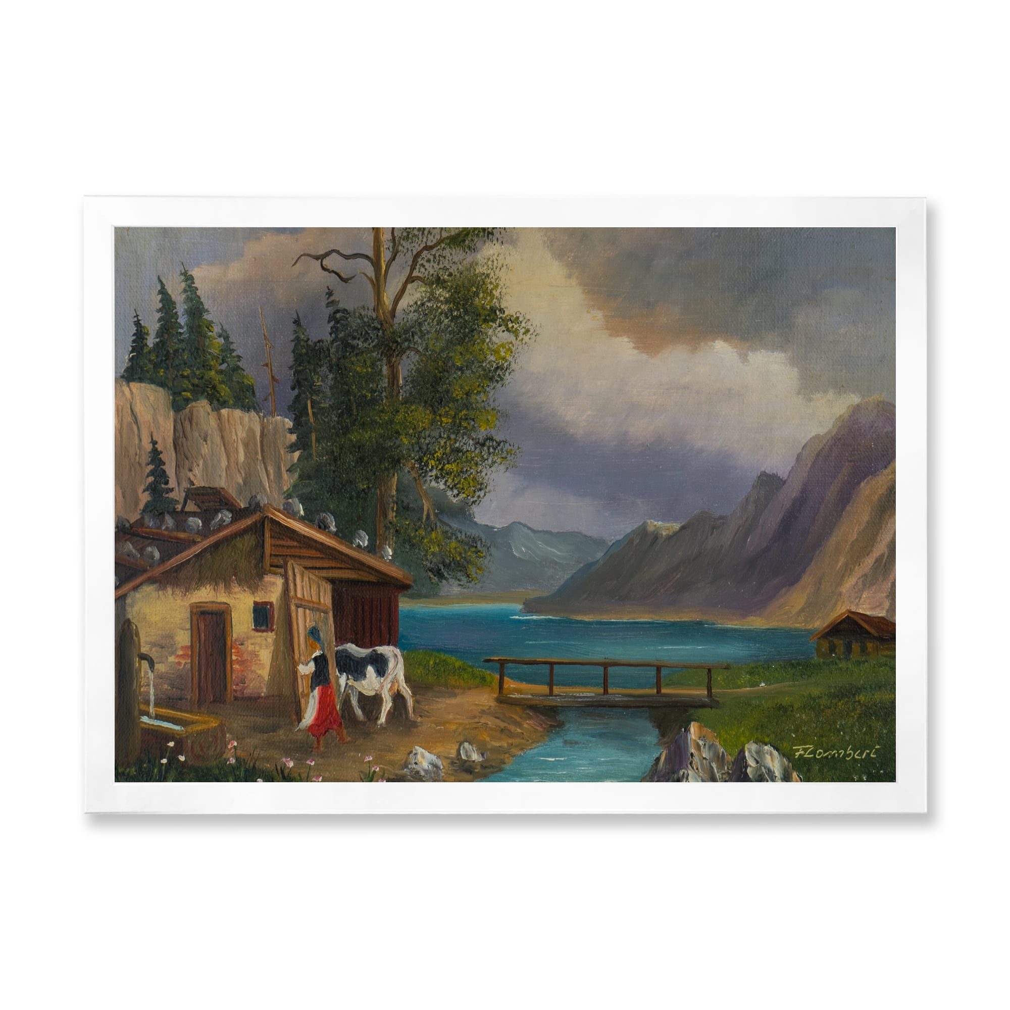 Girl Brings The Cow Into The Stable At A Lake 40 in x 30 in Framed Painting Canvas Art Print, by Designart