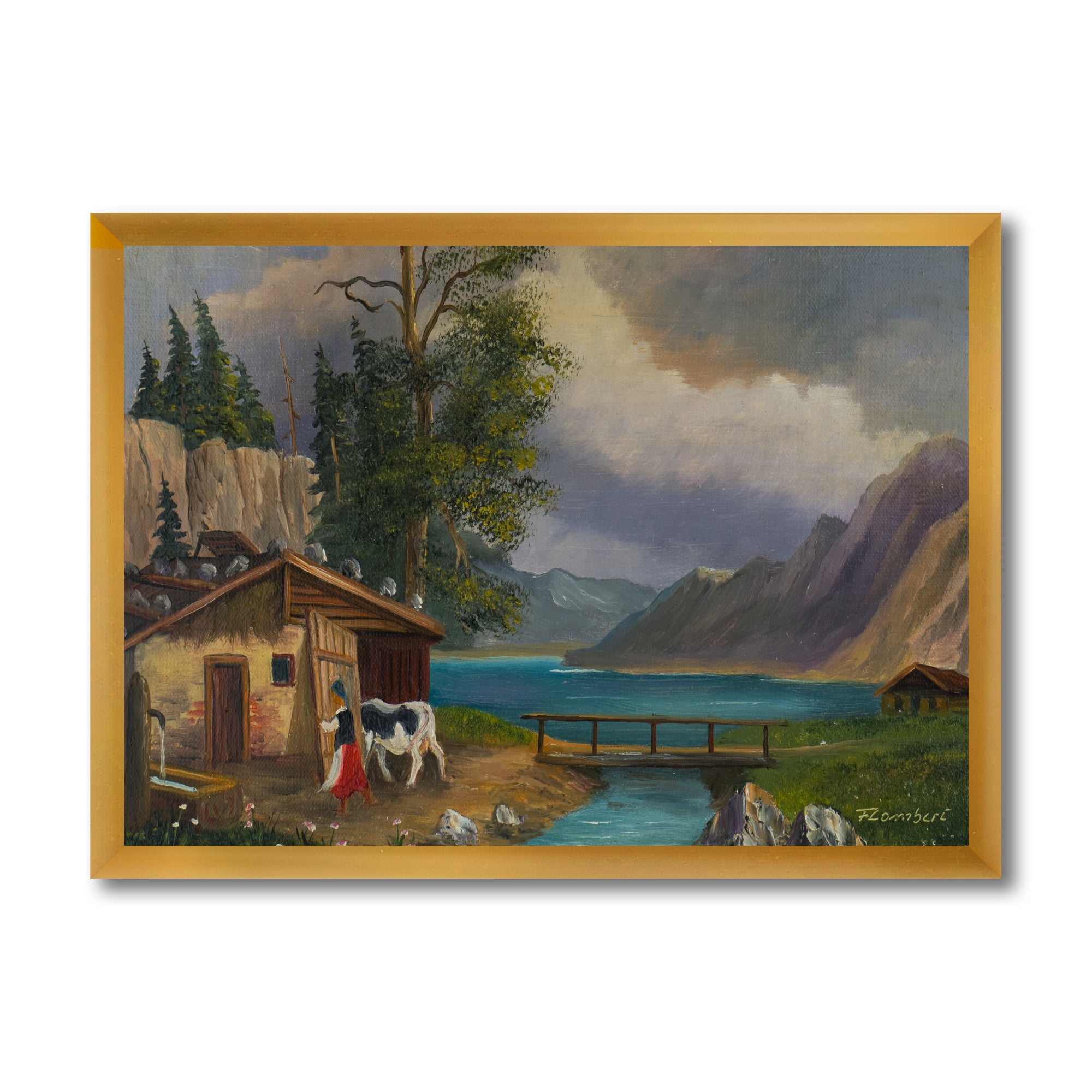 Girl Brings The Cow Into The Stable At A Lake 40 in x 30 in Framed Painting Canvas Art Print, by Designart