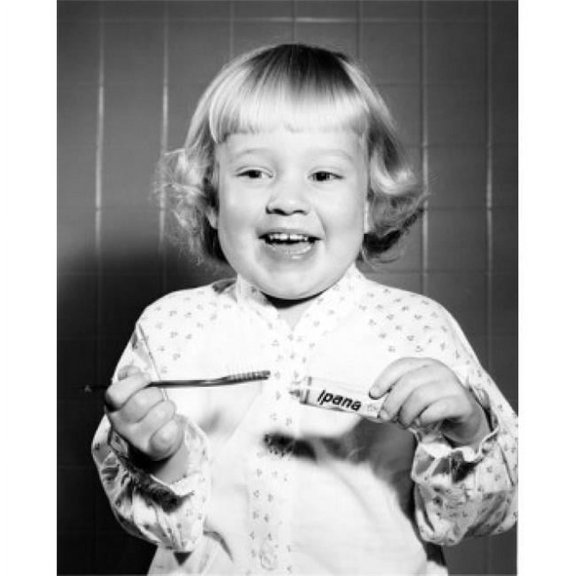 Girl Brushing Teeth Poster Print - 18 x 24 in.