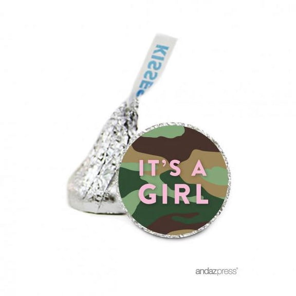 Girl Bubblegum Pink Camouflage Hersheys Kiss Baby Shower Stickers, 216-Pack