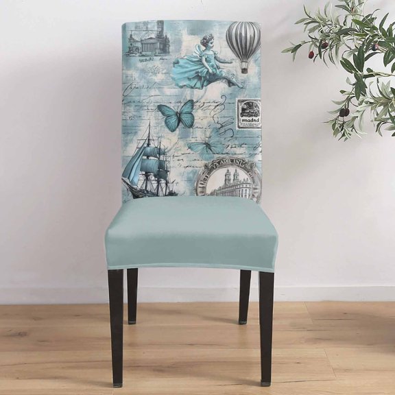 Girl Butterfly Balloon Dining Chair Covers Set of 1, Vintage Teal Gray Letter Paper Texture Chair Covers for Dining Room Removable Seat Protectors Slipcovers for Home Party Wedding Banquet