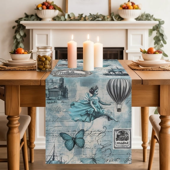 Girl Butterfly Balloon Table Runner 13x36 Inch Vintage Teal Gray Letter Paper Texture Cotton Linen Dining Table Runner Ideal for Dresser Kitchen Coffee Tables - Machine Washable