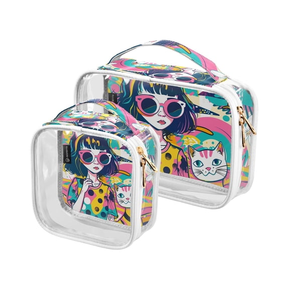 Girl Cat Graffiti Clear Cosmetic Bags with Handles PVC Toiletry Bags Zipper Waterproof Portable for Traveling 2 Pcs