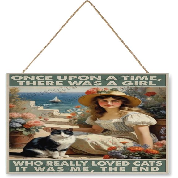 Girl & Cat Wall Art Wooden Sign French Country Decor Cat Decor Vintage Pictures for Bedroom Bathroom Kitchen Wall Decorations Bar Interior Decor 10"x16" Wooden Hanging Signs