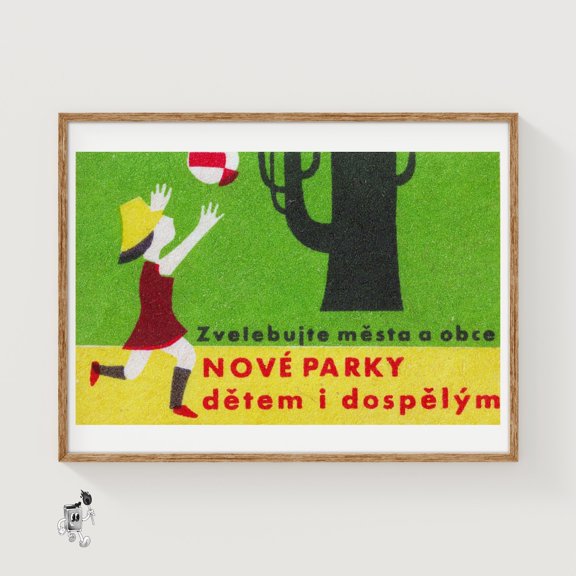 Girl Chasing Ball Matchbox Art Print Czech Vintage Folk Art (Playful Decor)